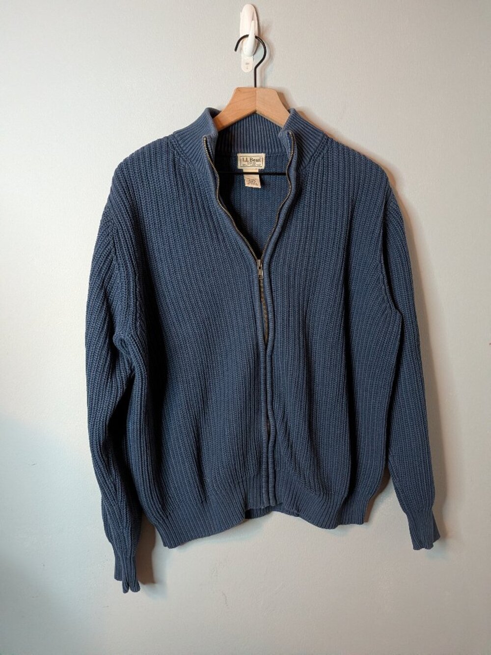 LL Bean Sweater Mens Medium Blue Teal Full Zip Long Sleeve Ribbed Knit Sweater